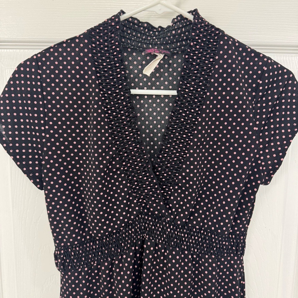 Y2K 2000s Agenda Polka Dot V-Neck Ruffle Short Sleeve Women's Size Small Top